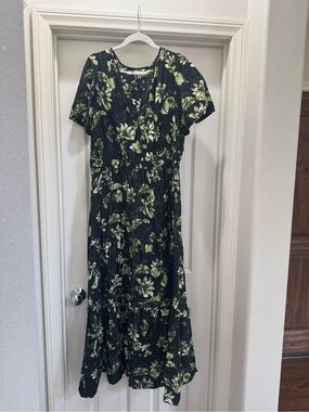 Anthropologie Somerset Black Floral Maxi Dress with Green Floral Print